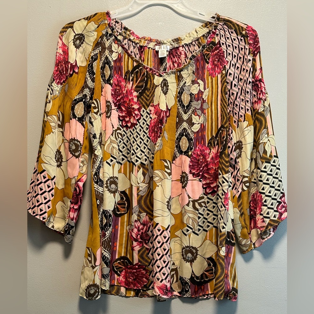 Spense Floral Print Boho Peasant Top Size Small